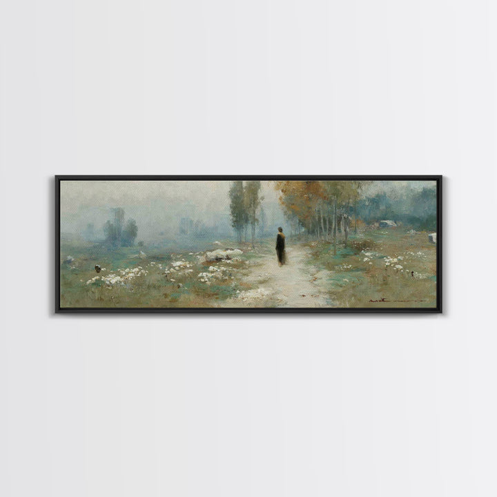 Misty Valley Walk, Framed Canvas Print, Christian Art Canvas, Panoramic Wall Art, Christian Art, Jesus Painting, Christmas Art