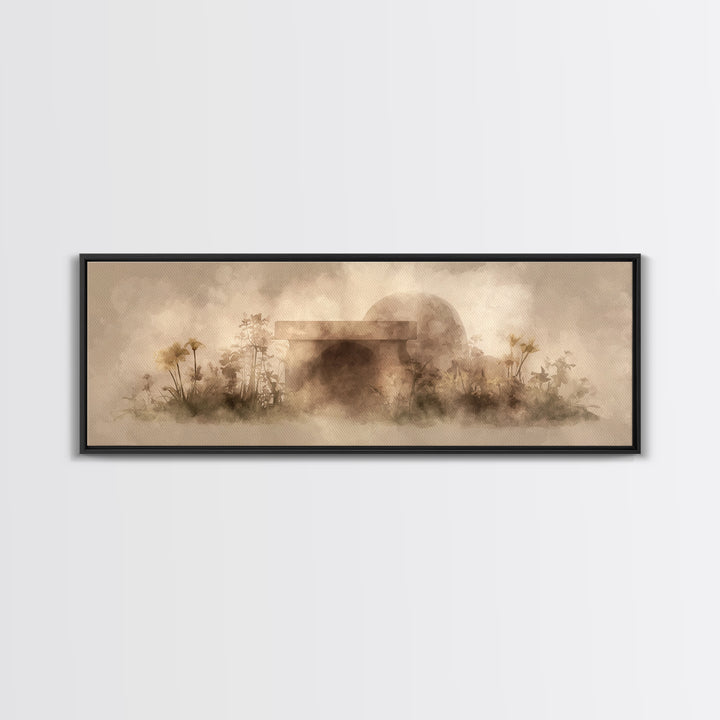 Dawn At The Empty Tomb, Framed Canvas Print, Panoramic Wall Art, Christian Art Canvas, Christian Wall Art, Easter Christian Art, Christian