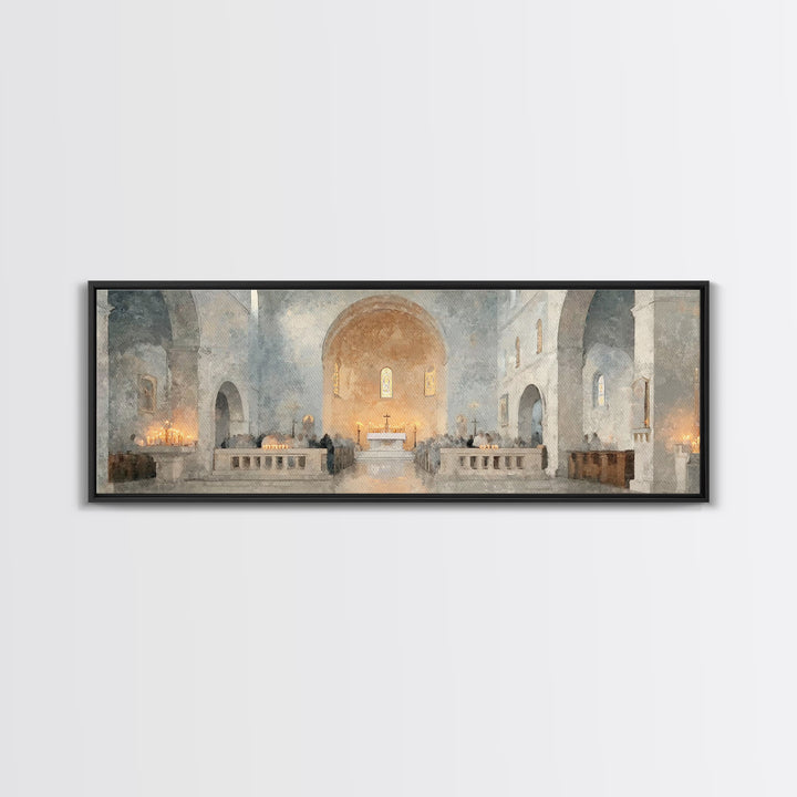 Starry Chapel Gathering, Framed Canvas Print, Panoramic Art, Christian Wall Art, Christian Art Canvas, Christmas Art Prints, Christian Chri