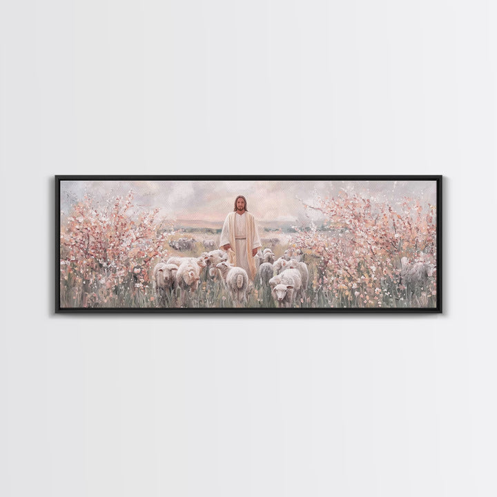 Shepherd Of Blossoms | Framed Canvas Print | Panoramic Art | Jesus Painting | Christian Art Canvas | Christian Christmas Art | Christian Wa