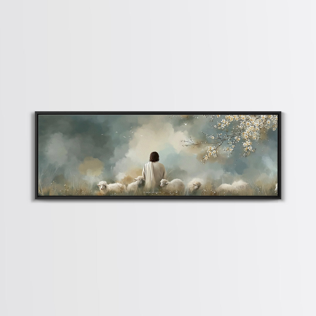 Peaceful Pasture Light – Framed Canvas Print – Panoramic Painting – Christian Art Canvas – Christian Wall Art – Jesus Painting – Christian