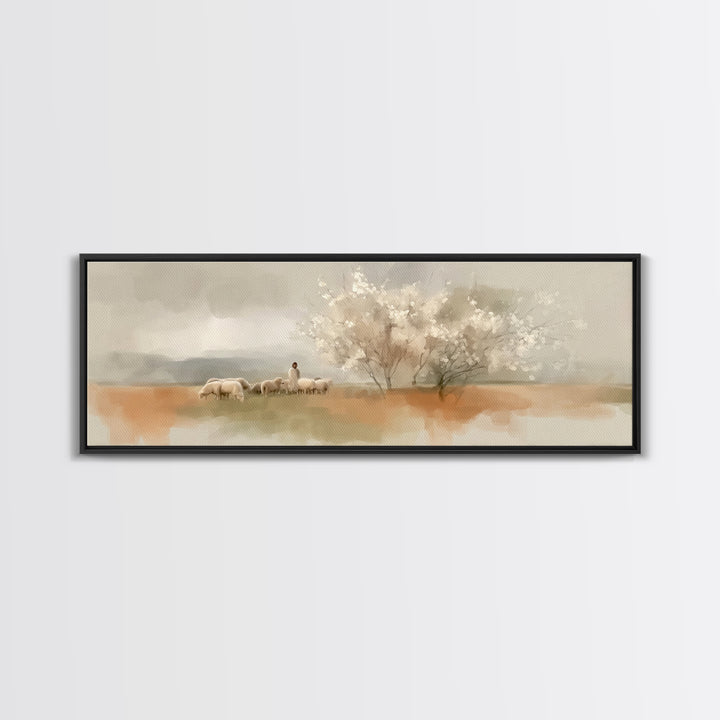 Meadow Of Promise, Framed Canvas Print, Panoramic Art, Christian Wall Art, Jesus Painting, Christian Art Canvas, Christian Christmas Art