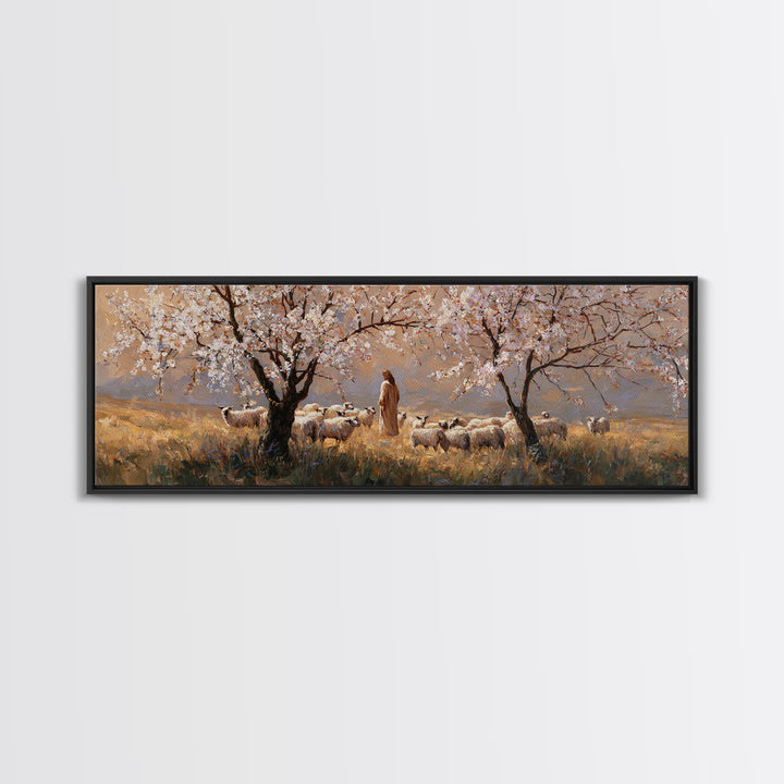 Shepherds In Bloom, Framed Canvas Print, Panoramic Wall Art, Christian Art Canvas, Jesus Painting, Christian Christmas Art, Christian Wall