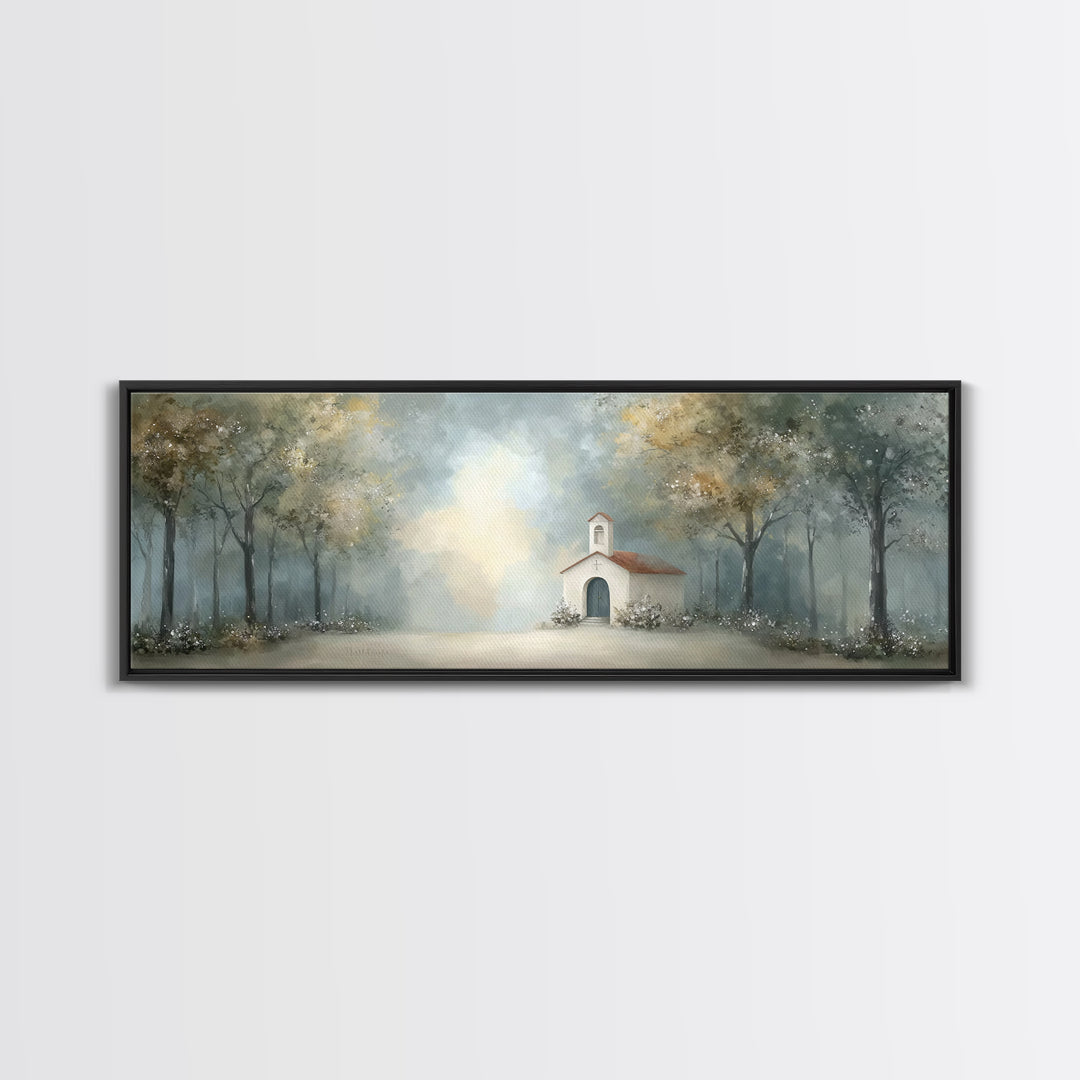 Forest Chapel Peace, Framed Canvas Print, Panoramic Art, Christian Art Canvas, Christian Wall Art, Christian Christmas Art, Christian Paint