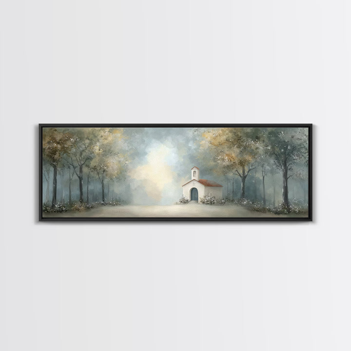 Forest Chapel Peace, Framed Canvas Print, Panoramic Art, Christian Art Canvas, Christian Wall Art, Christian Christmas Art, Christian Paint
