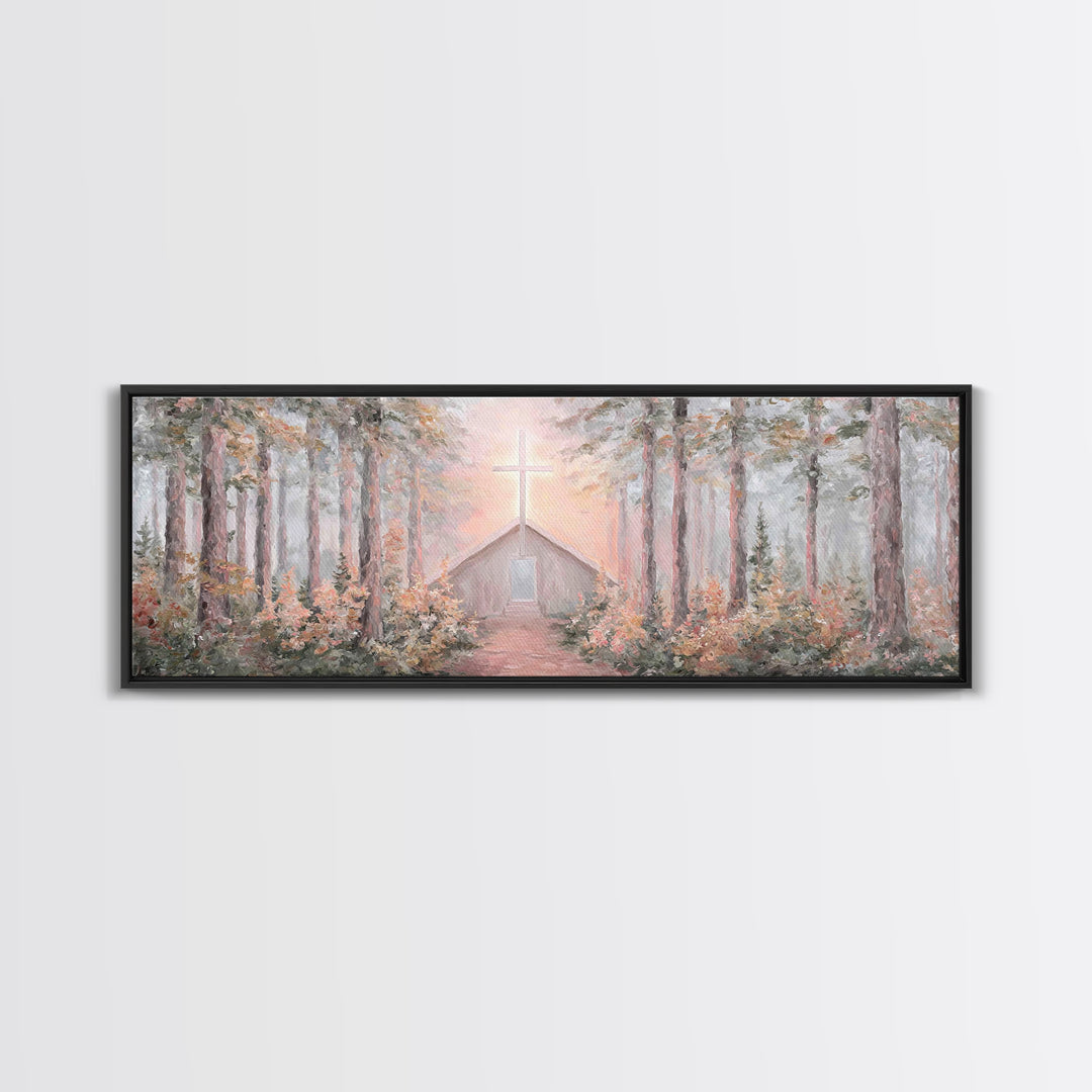 Woodland Cross Glow – Framed Canvas Print – Panoramic Painting – Christian Art Canvas – Christian Wall Art – Christian Christmas Art – Chri