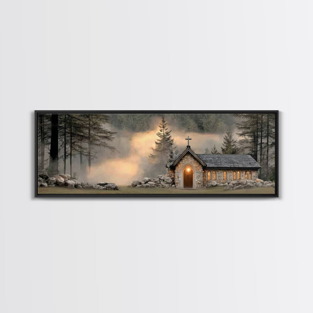 Chapel In The Pines | Framed Canvas Print | Panoramic Frame | Christian Wall Art | Christian Christmas Art | Christian Art Canvas | Christi