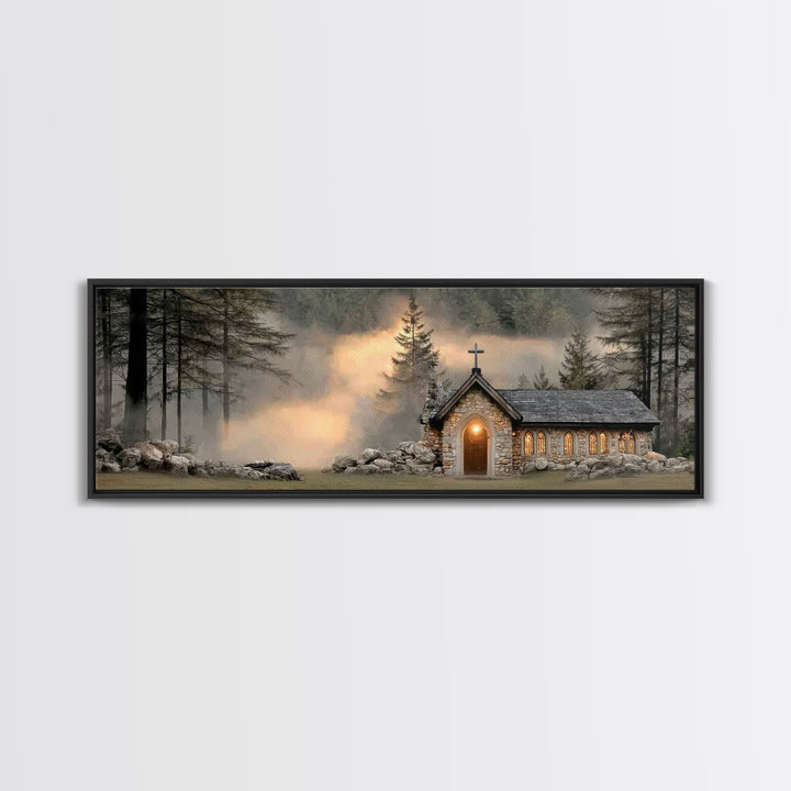 Chapel In The Pines | Framed Canvas Print | Panoramic Frame | Christian Wall Art | Christian Christmas Art | Christian Art Canvas | Christi