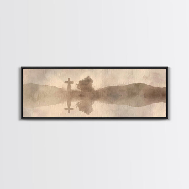 Misty Cross Reflections – Framed Canvas Print – Christian Wall Art – Panoramic Art – Christian Art Canvas – Jesus Painting – Christian Gift