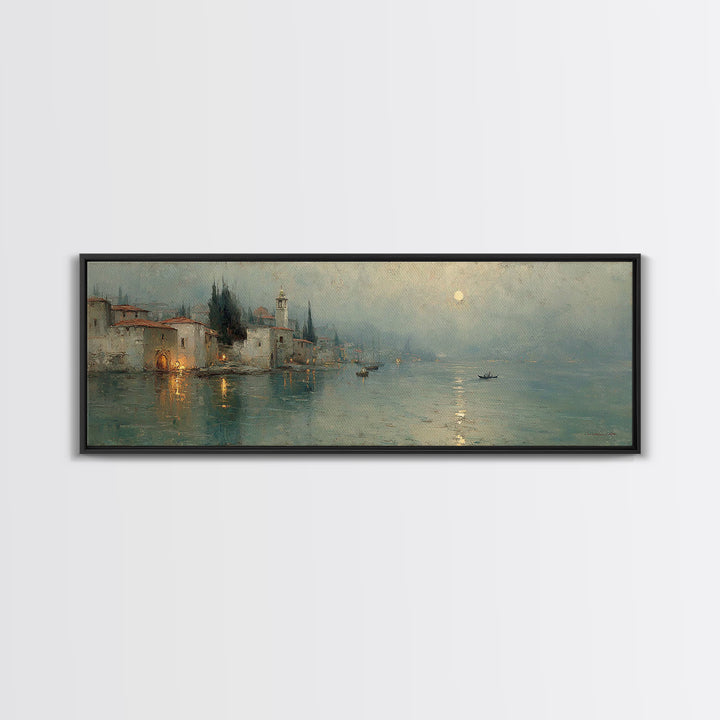 Moonlit Village Hope – Framed Canvas Print – Christian Art Canvas – Panoramic Wall Art – Christian Painting – Christmas Art – Christian Dec
