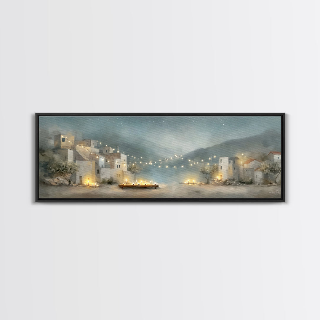 Starlit Village Peace, Framed Canvas Print, Christian Wall Art, Panoramic Art, Christian Christmas Art, Christian Art Print, Christian Deco