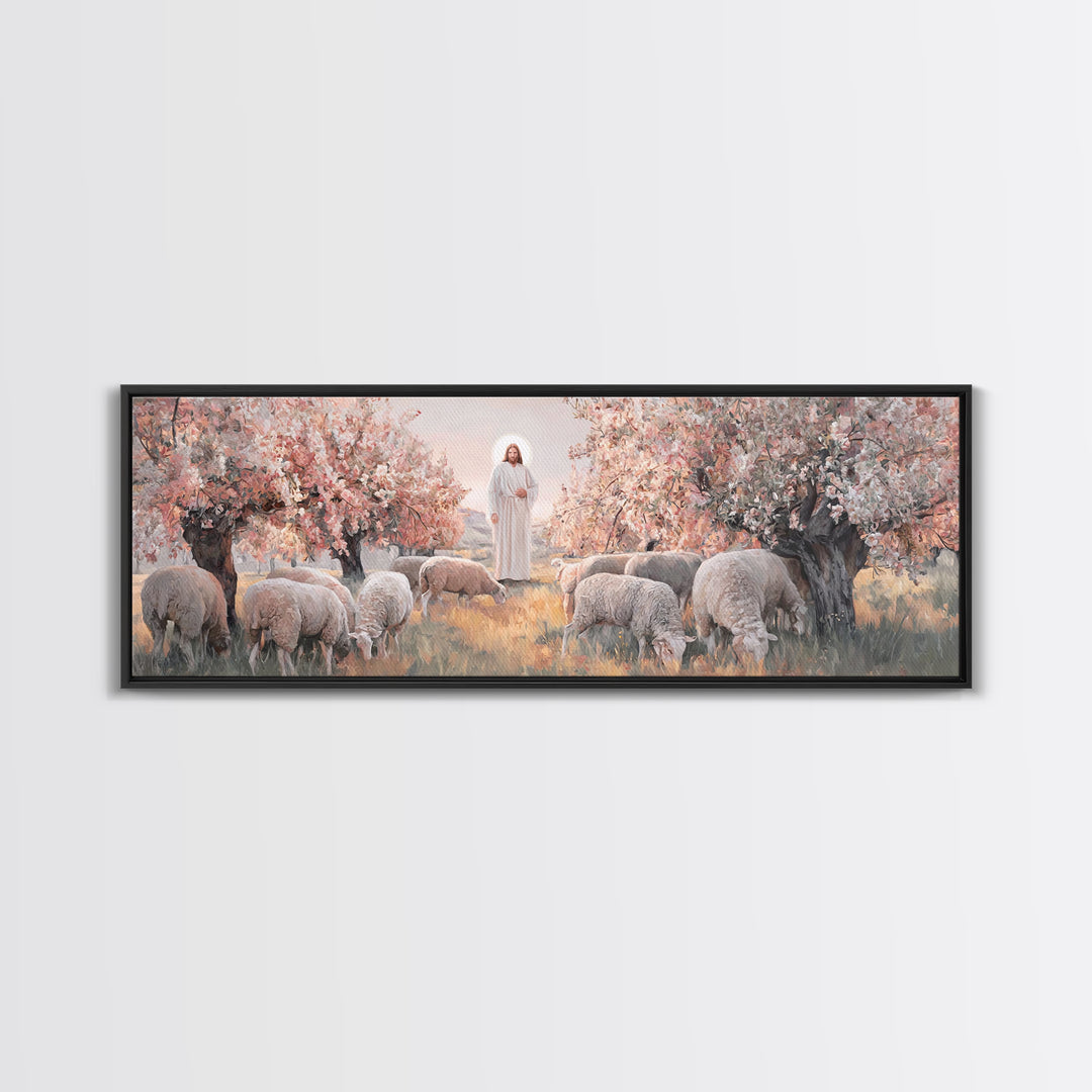 Peaceful Flock Dawn, Framed Canvas Print, Christian Art Print, Panoramic Art, Christmas Art, Christian Wall Art, Jesus Canvas Art