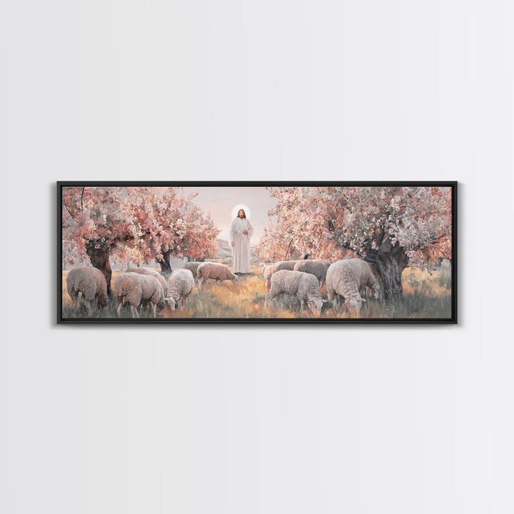 Peaceful Flock Dawn, Framed Canvas Print, Christian Art Print, Panoramic Art, Christmas Art, Christian Wall Art, Jesus Canvas Art