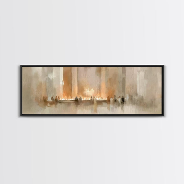 Sacred Candle Gathering | Framed Canvas Print | Christian Wall Art | Christian Christmas Art | Panoramic Wall Art | Christian Art Canvas