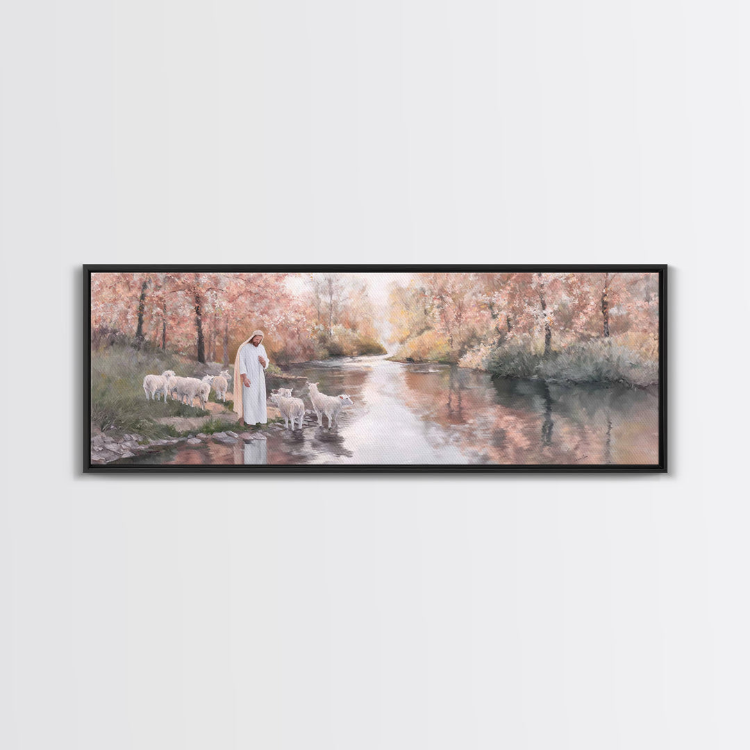Pastoral Grace Reflections – Framed Canvas Print – Jesus Painting – Panoramic Print – Christian Wall Art – Christian Art Canvas – Christian
