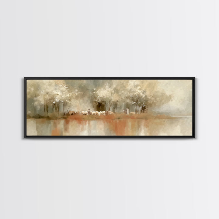 Garden Of The Shepherd, Framed Canvas Print, Jesus Painting, Christian Wall Art, Panoramic Art, Christian Art Canvas, Christian Gift Ideas