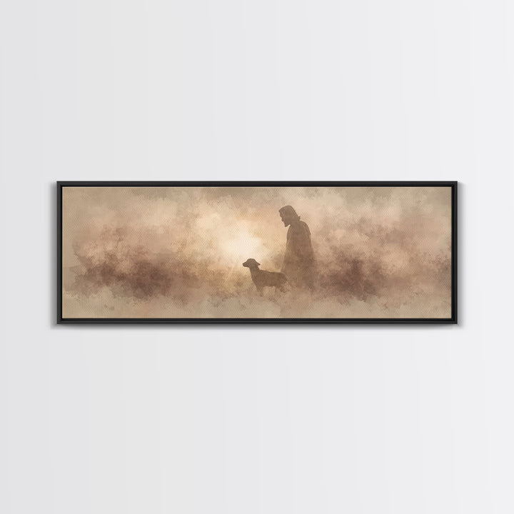 Lamb Of Morning Light, Framed Canvas Print, Christian Art Canvas, Panoramic Art, Jesus Painting, Christian Wall Art, Christian Gift