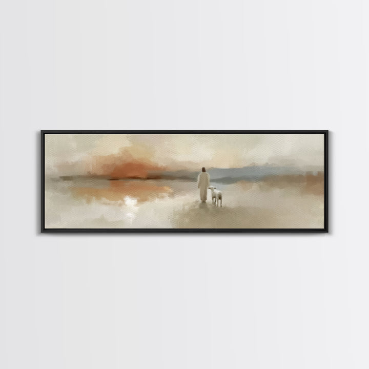 Evening Shepherd Light, Framed Canvas Print, Christian Art Canvas, Jesus Wall Art, Panoramic Painting, Christian Christmas Art, Modern Chri