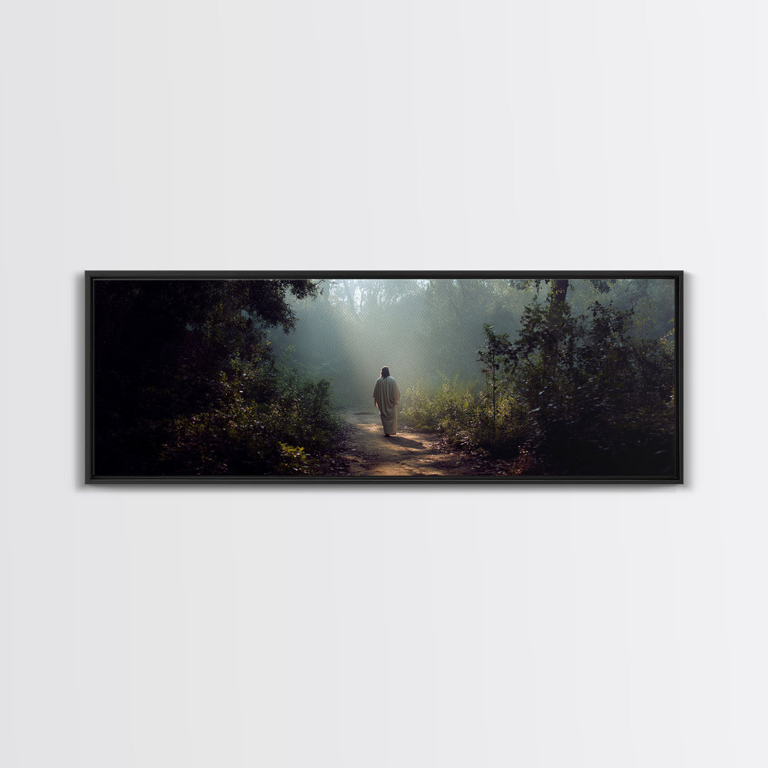 Light Through The Trees, Framed Canvas Print, Christian Wall Art, Jesus Painting, Panoramic Print, Christian Art Canvas, Large Christian Pa