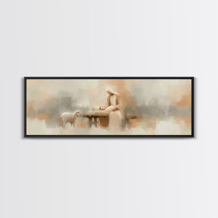 Gentle Manger Light – Framed Canvas Print – Panoramic Art – Christian Wall Art – Christian Art Canvas – Christmas Art – Christian Decor