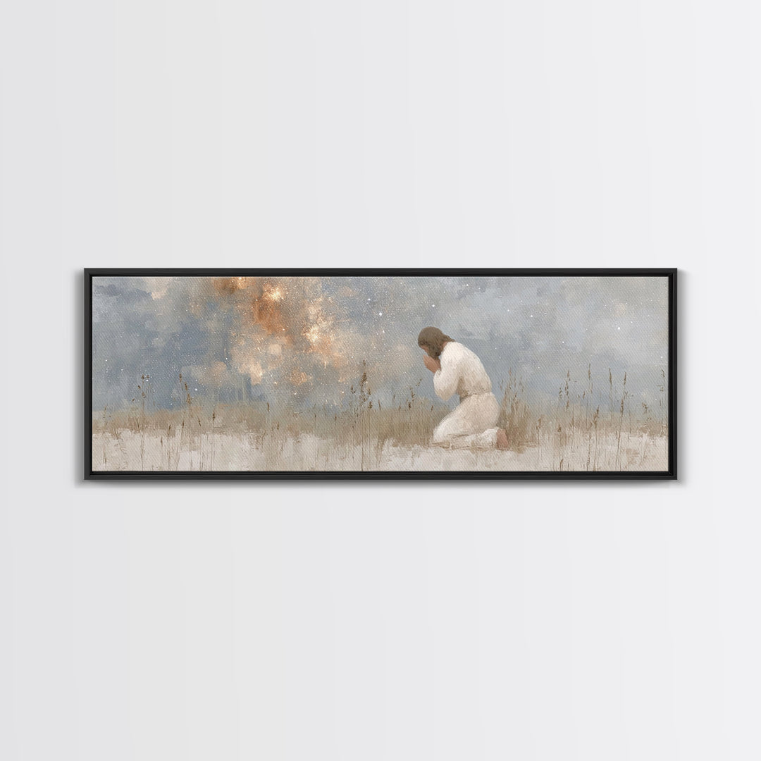 Silent Petition, Framed Canvas Print, Panoramic Wall Art, Christian Art Canvas, Jesus Painting, Christian Wall Art, Christian Christmas Art