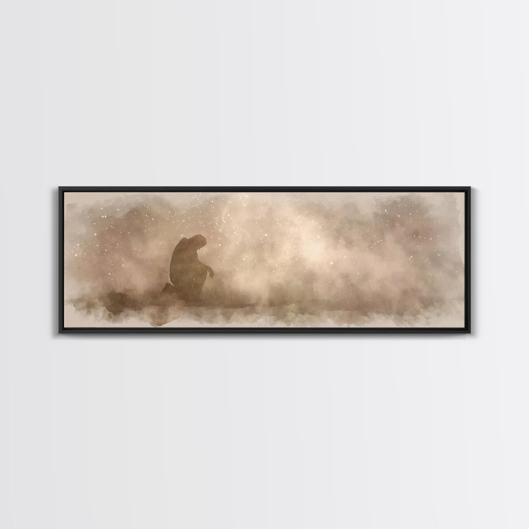 Kneeling Light | Framed Canvas Print | Panoramic Frame | Christian Art Canvas | Jesus Painting | Christian Wall Art | Christian Christmas A