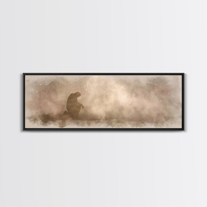 Kneeling Light | Framed Canvas Print | Panoramic Frame | Christian Art Canvas | Jesus Painting | Christian Wall Art | Christian Christmas A