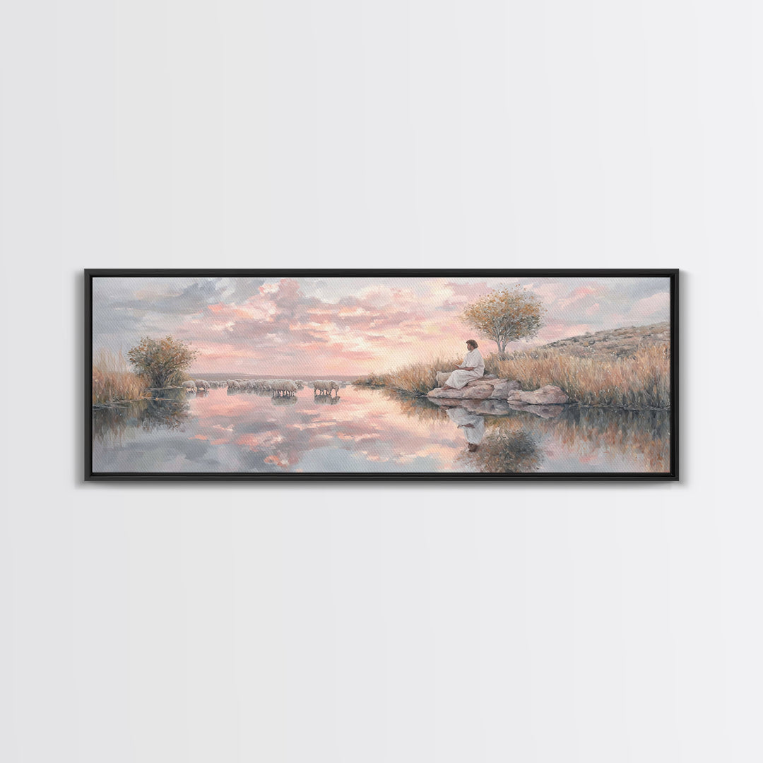 Shepherd’s Quiet Path, Framed Canvas Print, Panoramic Frame, Christian Art Canvas, Large Christian Painting, Jesus Painting, Christmas Wall
