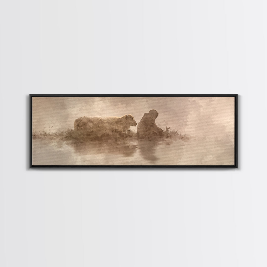 Calm Pasture Hope | Framed Canvas Print | Panoramic Art | Christian Art Work | Subtle Christian Art | Jesus Christmas Art | Christian Decor