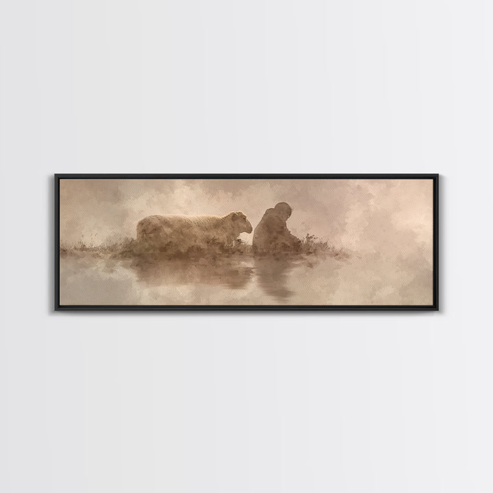Calm Pasture Hope | Framed Canvas Print | Panoramic Art | Christian Art Work | Subtle Christian Art | Jesus Christmas Art | Christian Decor