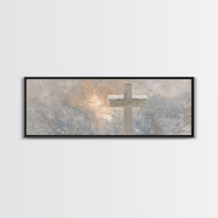 Winter Cross Light - Framed Canvas Print - Christian Wall Art - Panoramic Art - Christian Art Canvas - Christmas Art - Jesus Painting