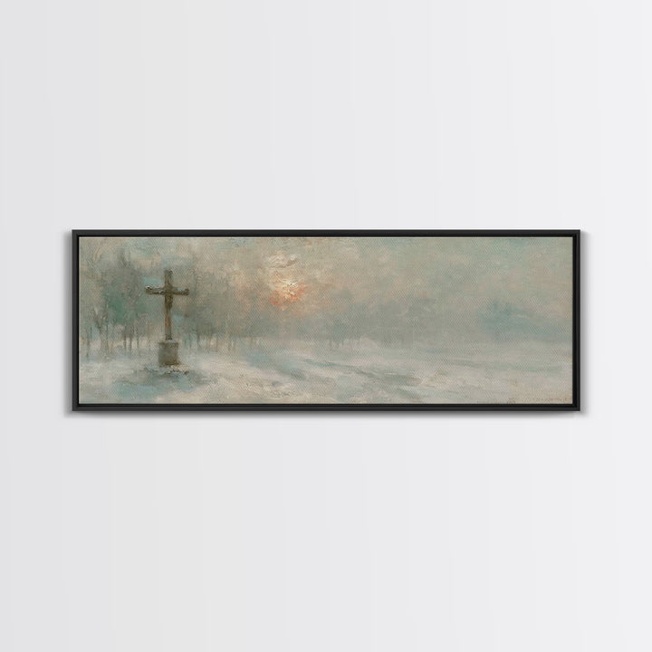 Silent Dawn Cross | Framed Canvas Print | Christian Art Canvas | Panoramic Painting | Christmas Wall Art | Modern Christian Art | Christian