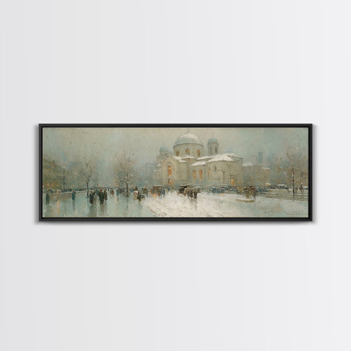 Snowy City Faith, Framed Canvas Print, Christian Art Work, Panoramic Wall Art, Christmas Art Prints, Christian Decor For Home, Modern Chris