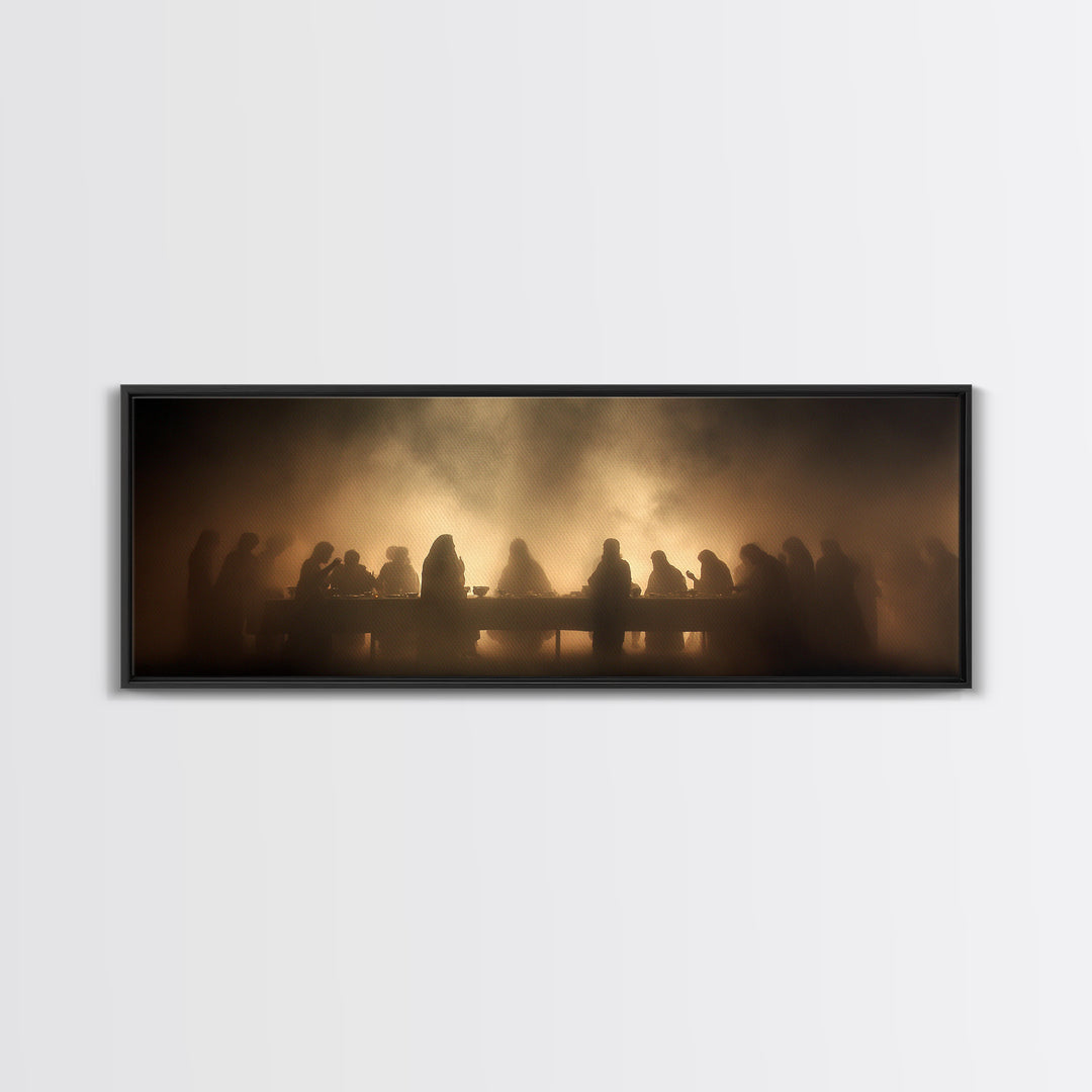 Sacred Supper Haze | Framed Canvas Print | Christian Art Canvas | Jesus Painting | Moody Christian Art | Panoramic Art | Christian Wall Art