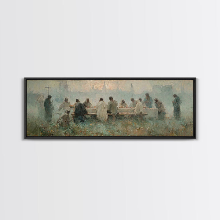 Upper Room Reverence, Framed Canvas Print, Christian Paintings, Large Christian Painting, Jesus Art Print, Panoramic Painting, Christian Ar