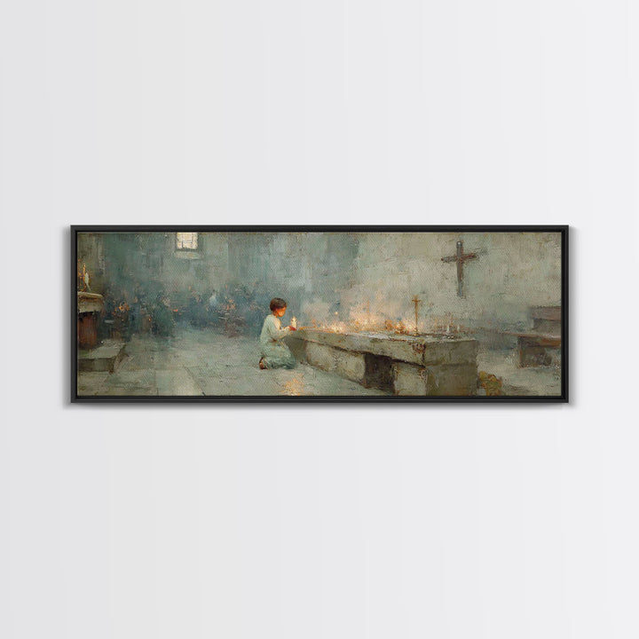 Sanctuary Candles | Framed Canvas Print | Christian Wall Art | Panoramic Painting | Christian Art Print | Christmas Art | Subtle Christian