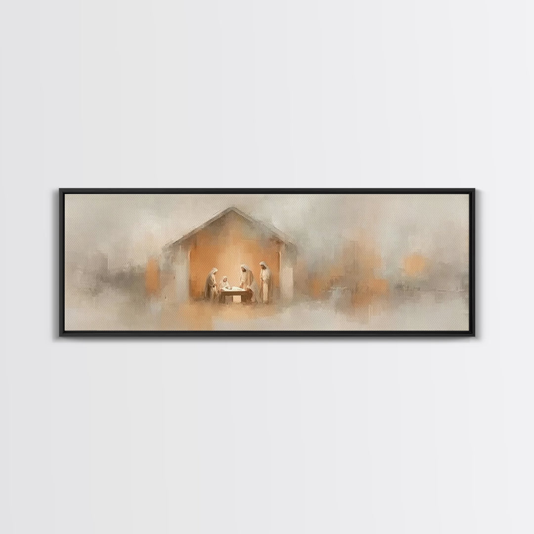 Nativity Glow, Framed Canvas Print, Panoramic Art, Christian Wall Art, Christian Art Canvas, Jesus Painting, Christmas Art