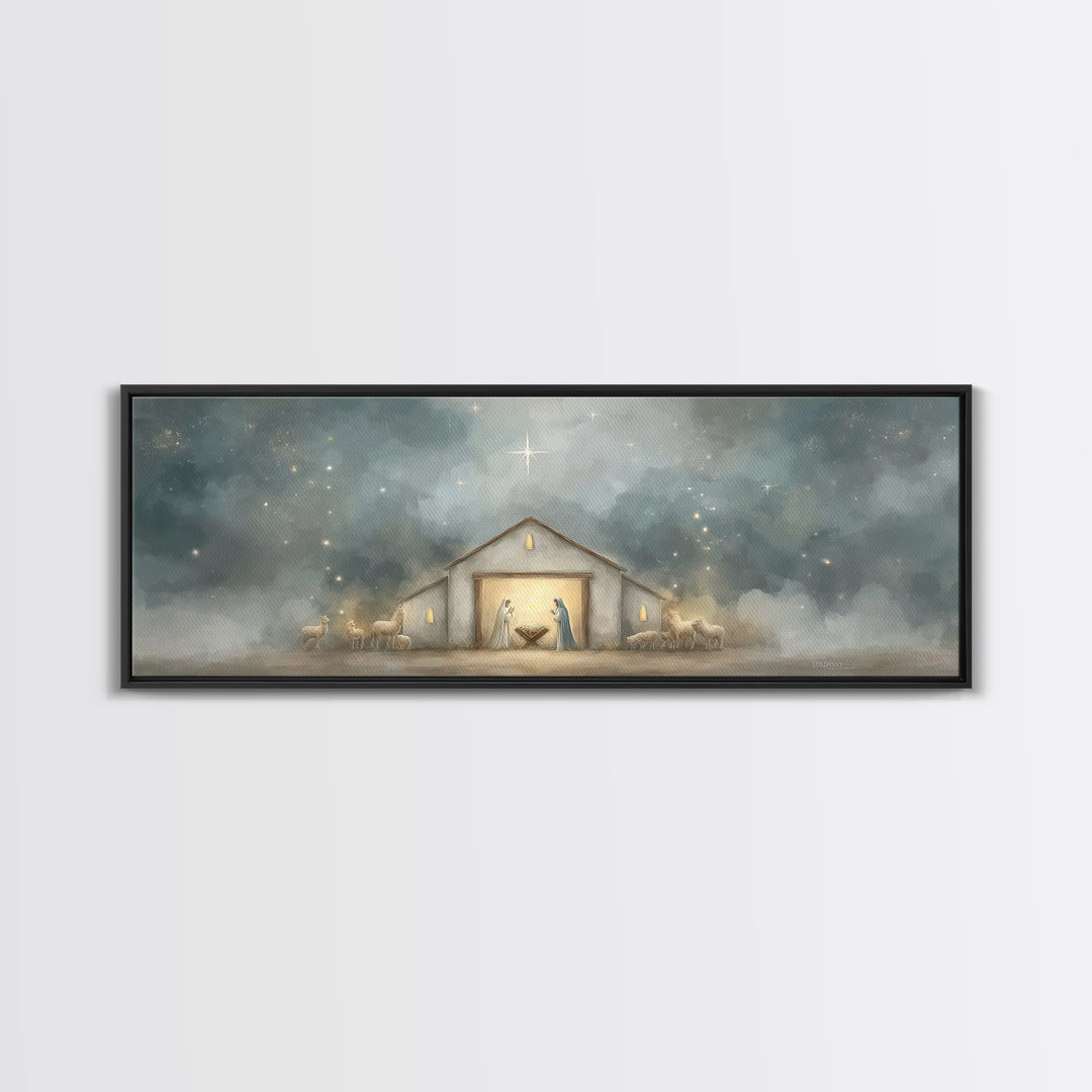 Starry Night Manger - Framed Canvas Print - Panoramic Print - Christian Christmas Art - Christian Art Canvas - Jesus Painting