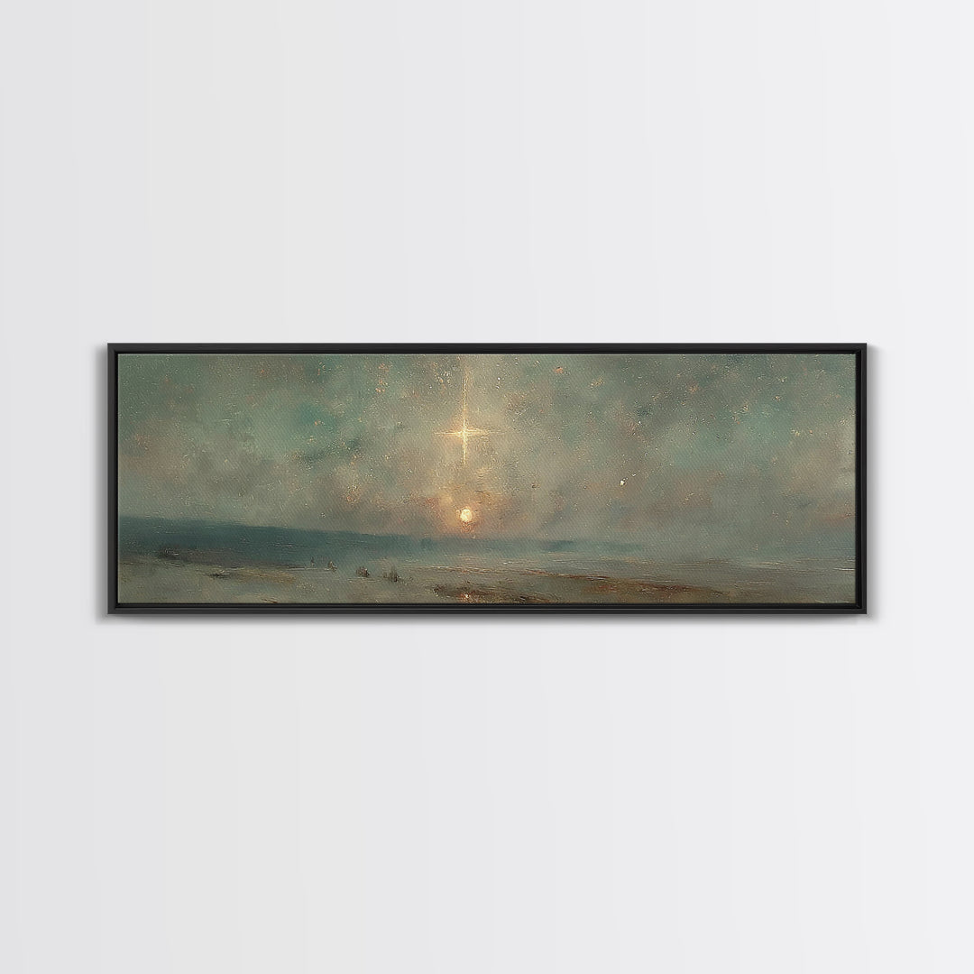 Heavenly Night Light, Framed Canvas Print, Christian Art Canvas, Panoramic Wall Art, Christian Christmas Art, Christian Wall Art, Jesus Pai