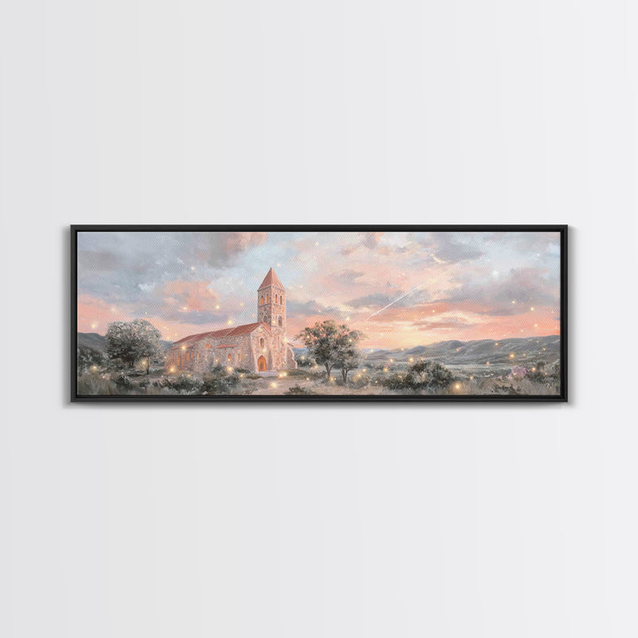 Evening Parish Glow | Framed Canvas Print | Panoramic Wall Art | Christian Art Canvas | Christian Christmas Art | Christian Wall Art | Chri