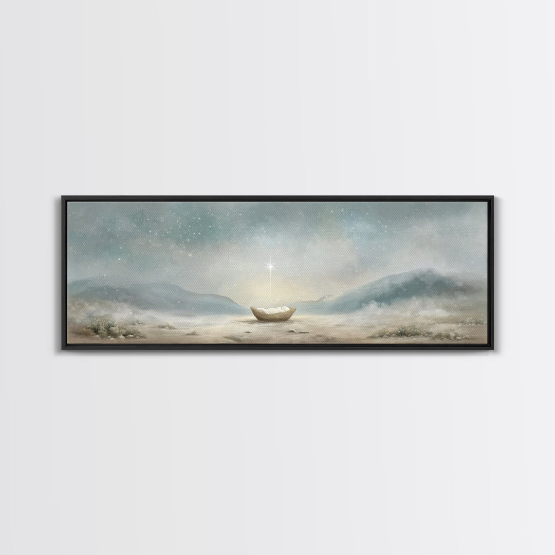 Heaven’s Soft Arrival, Framed Canvas Print, Panoramic Wall Art, Christian Art Canvas, Christmas Art, Christian Christmas Art, Jesus Paintin