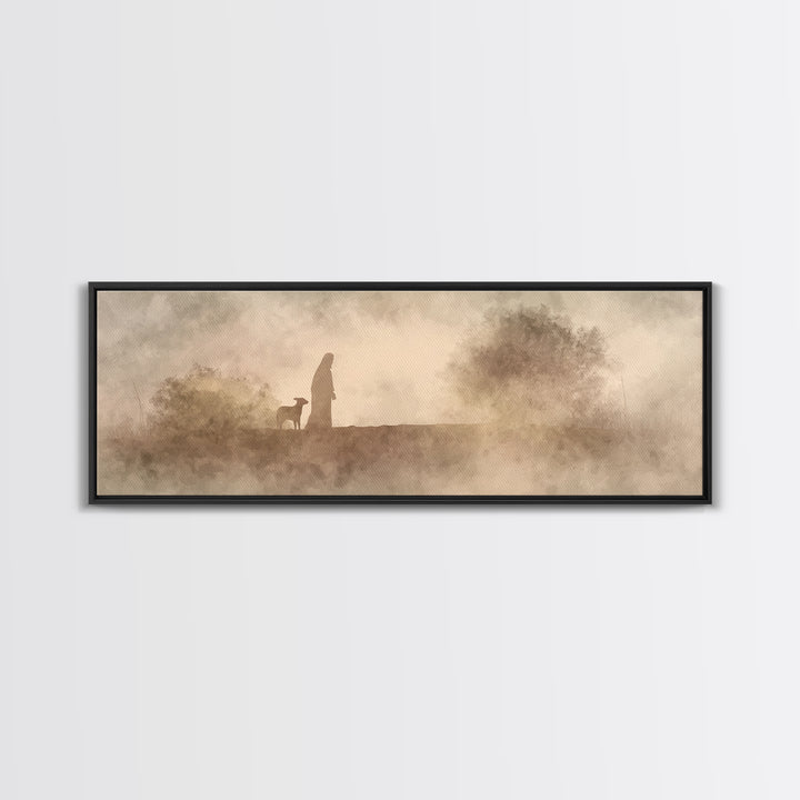 Shepherds In Light – Framed Canvas Print – Panoramic Wall Art – Christian Art Canvas – Christian Christmas Art – Jesus Painting – Christmas