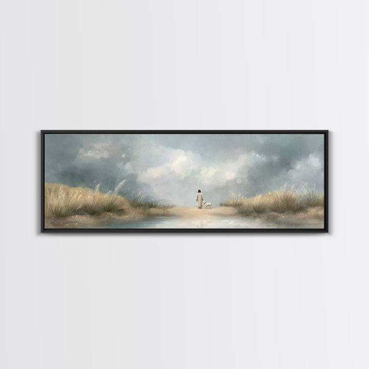 Gentle Shepherd Path – Framed Canvas Print – Christian Wall Art – Jesus Painting – Panoramic Art – Christian Art Canvas – Christian Christm