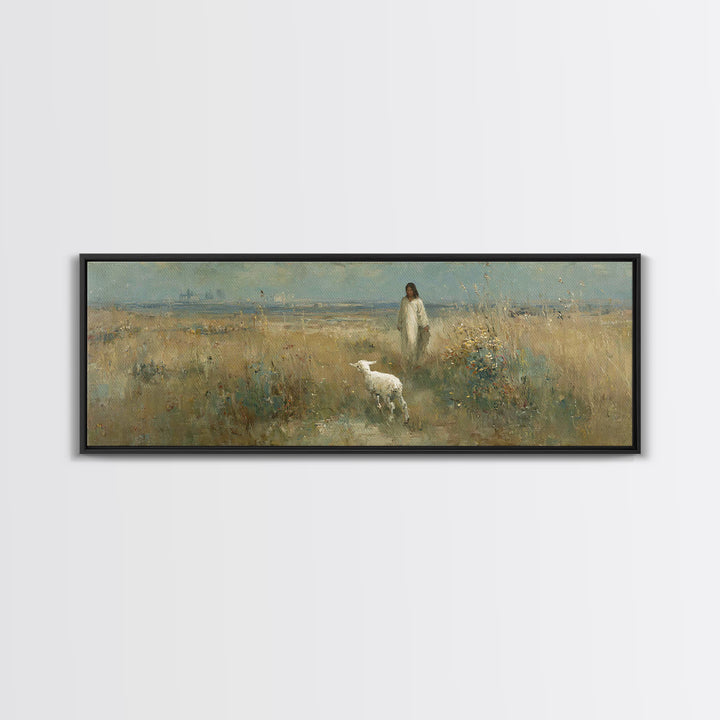 Quiet Meadow Grace, Framed Canvas Print, Christian Wall Art, Panoramic Print, Jesus Painting, Christian Christmas Art, Christian Art Canvas