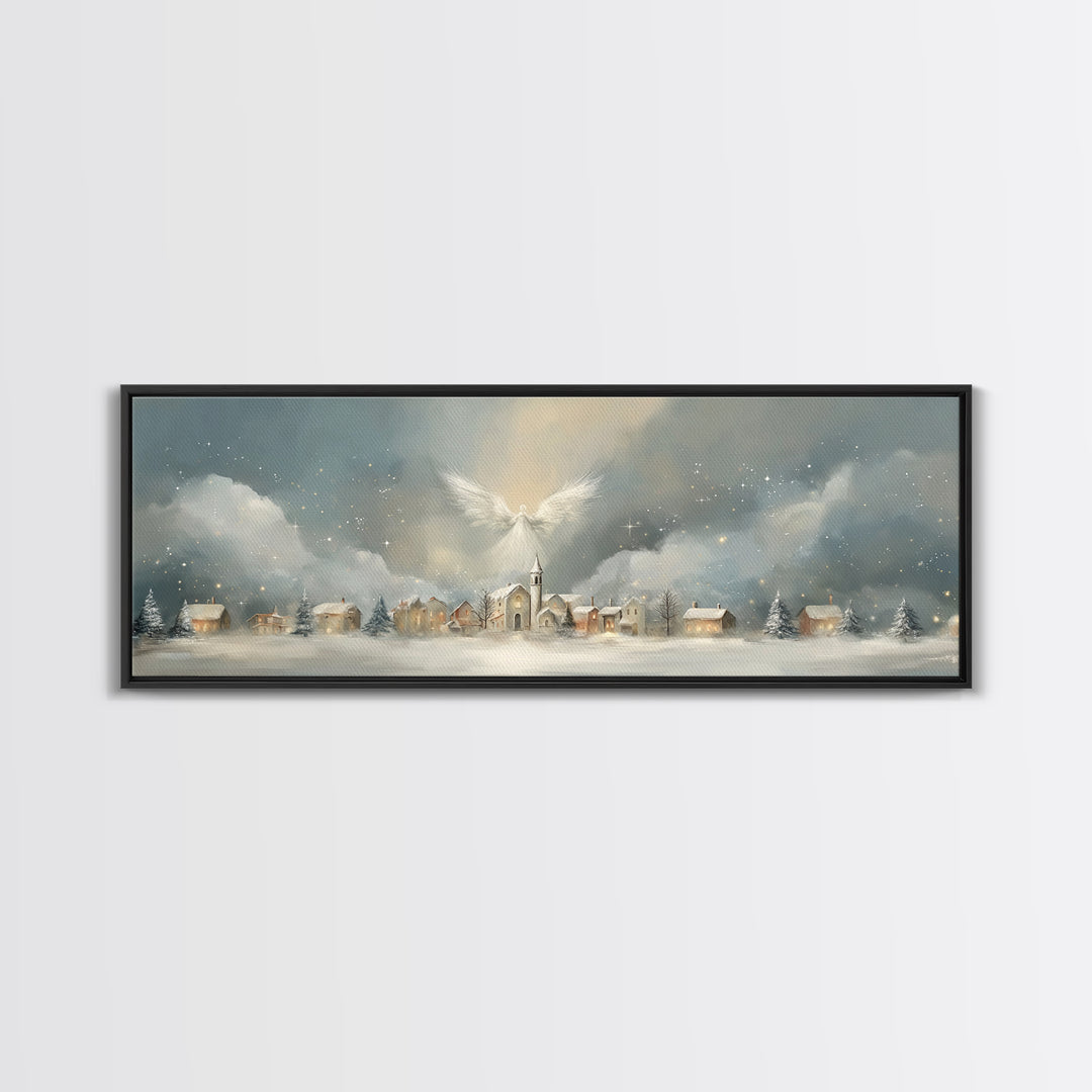 Heavenly Village Light, Framed Canvas Print, Christian Wall Art, Panoramic Painting, Christian Christmas Art, Christian Art Canvas, Holiday