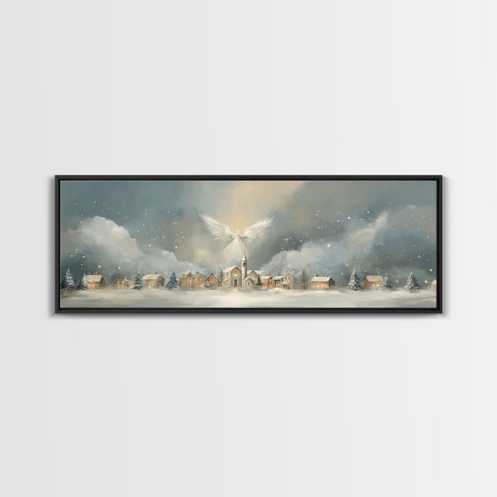 Heavenly Village Light, Framed Canvas Print, Christian Wall Art, Panoramic Painting, Christian Christmas Art, Christian Art Canvas, Holiday