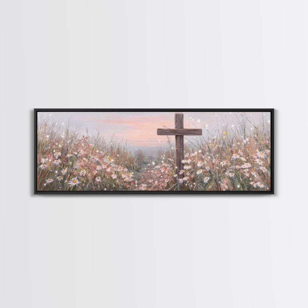 Silent Cross Meadow | Framed Canvas Print | Panoramic Wall Art | Christian Art Canvas | Subtle Christian Art | Christian Decor | Christmas