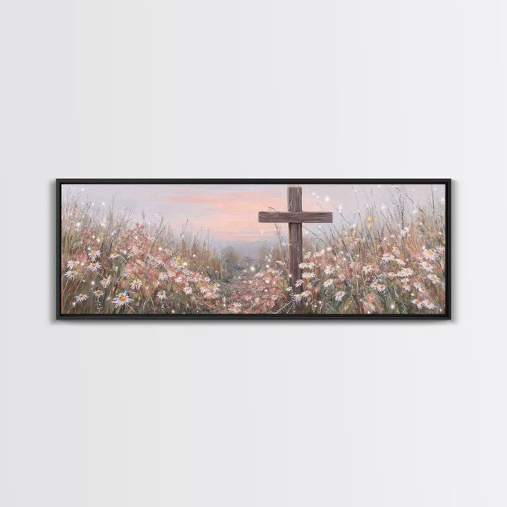 Silent Cross Meadow | Framed Canvas Print | Panoramic Wall Art | Christian Art Canvas | Subtle Christian Art | Christian Decor | Christmas