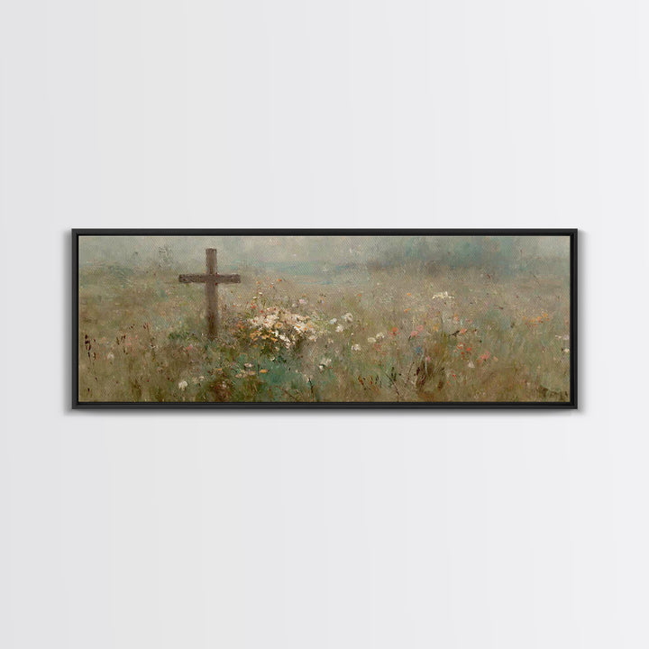 Quiet Garden Cross | Framed Canvas Print | Extra Wide Art | Christian Wall Art | Christian Art Print | Christian Christmas Decor | Modern C
