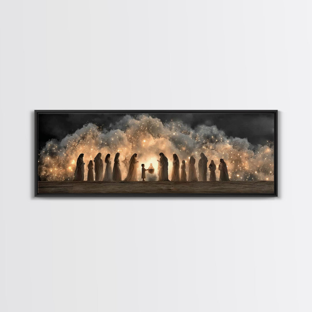 Circle Of Angels, Framed Canvas Print, Panoramic Wall Art, Jesus Christmas Art, Christian Christmas Decor, Christian Art Work, Christian Ca